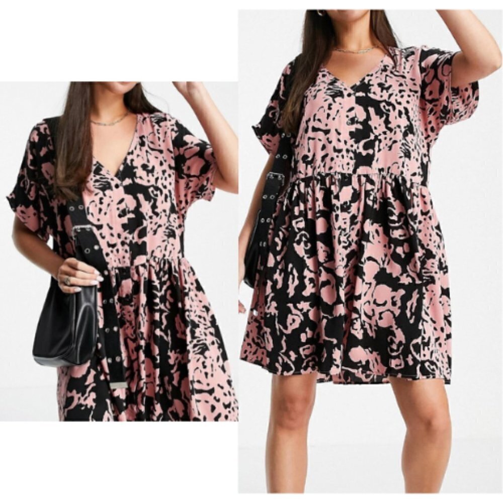 URBAN THREADS Oversized Button Down Smock Dress Pink & Black Abstract Size 6